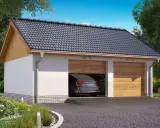 Nowoczesny projekt garażu 35m2 bez pozwolenia, z dwoma drewnianymi bramami, otoczony zielenią.
