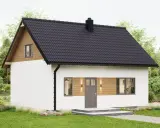 Idealna jaka działka pod dom 70m2. Biały, nowoczesny domek z drewnianymi elementami i czarnym dachem, otoczony zielenią.
