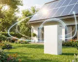 Biały magazyn energii stoi w słonecznym ogrodzie obok domu z panelami słonecznymi. Czy magazyn energii się opłaca? To pytanie o przyszłość domowej energetyki.