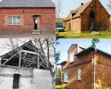 Cztery ujęcia starych domów z cegły, w różnym stanie, od zrujnowanego po odnowiony.