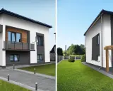 Nowoczesne elewacje starych domów piętrowych z drewnianymi akcentami i nowoczesnymi balkonami.