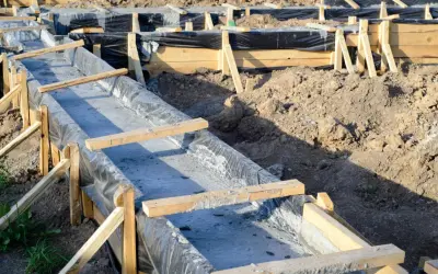 Budowa fundamentów krok po kroku: betonowanie ław fundamentowych w szalunkach z folią.