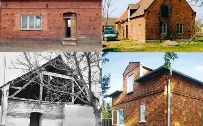 Cztery ujęcia starych domów z cegły, w różnym stanie, od zrujnowanego po odnowiony.