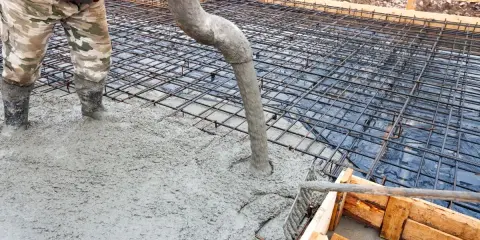 Wylewanie betonu na zbrojenie fundamentów. Właściwy beton na fundament to klucz do trwałej budowy.