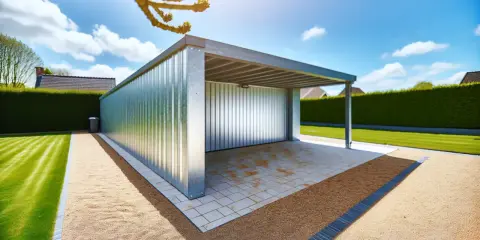 Nowoczesny, blaszany garaż o powierzchni 100m2, otoczony zadbanym ogrodem i żywopłotem. Idealny projekt na działkę.