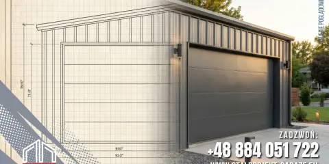 Projekt garażu blaszanego od koncepcji do realizacji. Widok z lewej strony przedstawia szkic techniczny, z prawej gotowy garaż.