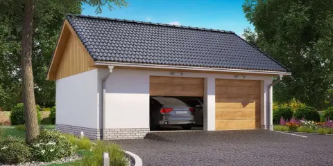 Nowoczesny projekt garażu 35m2 bez pozwolenia, z dwoma drewnianymi bramami, otoczony zielenią.