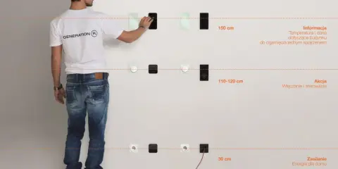 Mężczyzna pokazuje idealne rozmieszczenie puszek elektrycznych na różnych wysokościach: 150 cm, 110-120 cm i 30 cm.