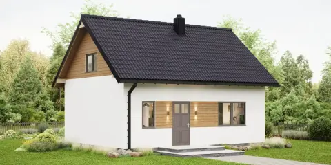 Idealna jaka działka pod dom 70m2. Biały, nowoczesny domek z drewnianymi elementami i czarnym dachem, otoczony zielenią.