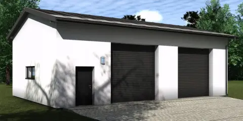 Nowoczesny projekt garażu dwustanowiskowego z dwoma bramami segmentowymi, białymi ścianami i brukowanym podjazdem.