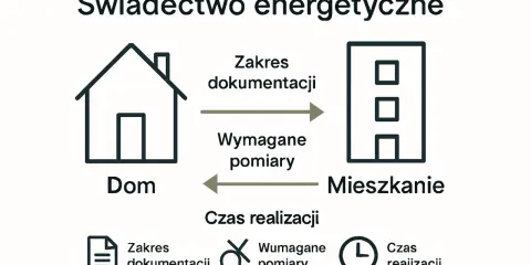 Schemat procesu uzyskania świadectwa charakterystyki energetycznej mieszkania. Pokazuje przepływ dokumentacji i pomiarów między domem a mieszkaniem.