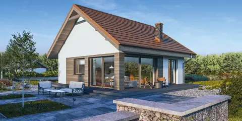 Nowoczesny dom do 70m2 z dużymi przeszkleniami i tarasem, otoczony zielenią. Idealny na spokojne życie.