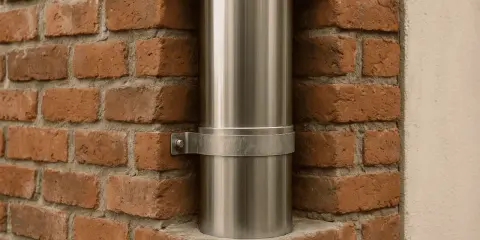 Metalowy wkład do komina z cegły, zamocowany obejmą do ściany.