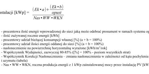 Wzór na moc instalacji fotowoltaicznej uwzględnia nasłonecznienie, wydajność i korekty. Określa roczną produkcję energii z 1 kWp.