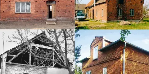 Cztery ujęcia starych domów z cegły, w różnym stanie, od zrujnowanego po odnowiony.