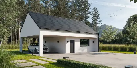 Nowoczesny garaż z wiatą i pomieszczeniem gospodarczym, otoczony zielenią i lasem. Idealne miejsce na samochód i narzędzia.