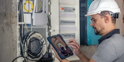 Elektryk z tabletem sprawdza przegląd instalacji elektrycznej, przygotowując 5-letni protokół. Widoczne kable i rozdzielnica.