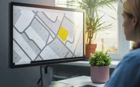 Kobieta analizuje na monitorze mapę działek, która przypomina wypis z rejestru gruntów. Jedna z parceli jest podświetlona na żółto.