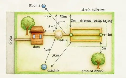 Schemat pokazuje rozmieszczenie elementów **oczyszczalni ścieków** na działce: dom, osadnik, drenaż rozsączający, studnia i drzewa.