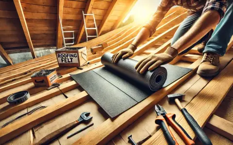Ręce w rękawiczkach rozwijają papę na dach z desek. W tle skrzynka z napisem "ROOFING FELT" i narzędzia.