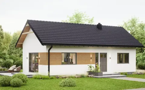 Nowoczesny domek letniskowy z drewnianymi elementami, idealny na wypoczynek. Sprawdź, jak uzyskać dofinansowanie na domek letniskowy i spełnić marzenia o własnym azylu.