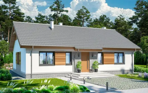 Nowy, tani dom 120m2 z nowoczesną elewacją i dużymi oknami, otoczony zielenią. Idealne miejsce dla rodziny.
