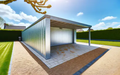 Nowoczesny, blaszany garaż o powierzchni 100m2, otoczony zadbanym ogrodem i żywopłotem. Idealny projekt na działkę.