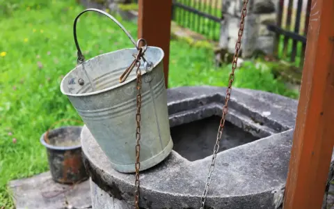 Metalowy wiaderko przy studni, gotowe do pracy. Ktoś zastanawia się, jak wykopać studnię, by mieć własne źródło wody.