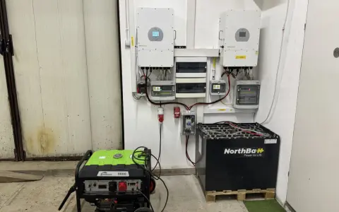 System magazynowania energii z fotowoltaiki: dwa falowniki, skrzynka z bezpiecznikami, agregat prądotwórczy i bank akumulatorów NorthBaH.