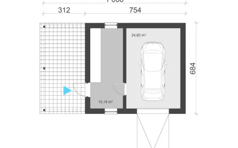 Projekt budynku usługowego: garaż 24,60 m² z miejscem na samochód, pomieszczenie 15,19 m², taras.