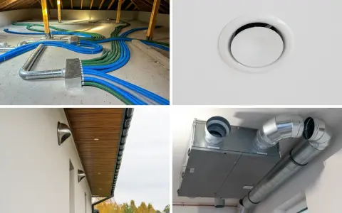 Instalacja wentylacji mechanicznej: przewody w poddaszu, kratka nawiewna, czerpnie ścienne i rekuperator.