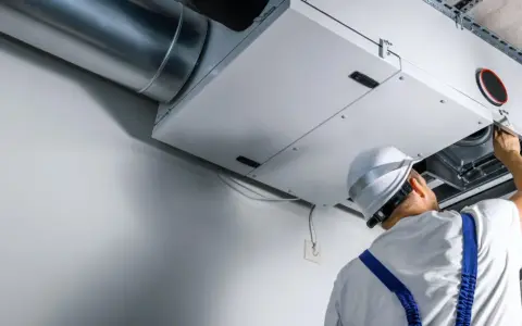 Technik sprawdza wentylację mechaniczną nawiewno-wywiewną. System zapewnia świeże powietrze w budynku.