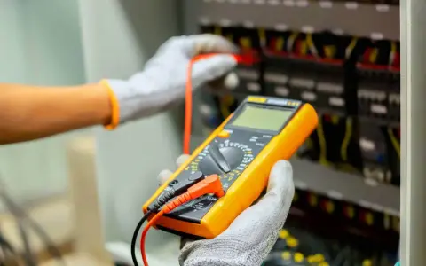 Elektryk w rękawicach wykonuje pomiar instalacji elektrycznej za pomocą żółtego multimetru.