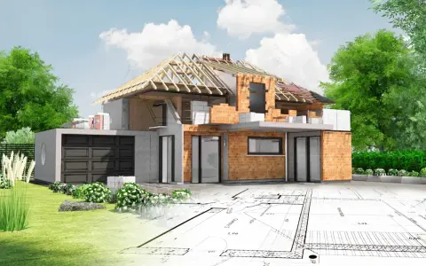 Przed zakupem działki sprawdź jej potencjał budowlany. Wizualizacja domu w przekroju na tle planów architektonicznych.