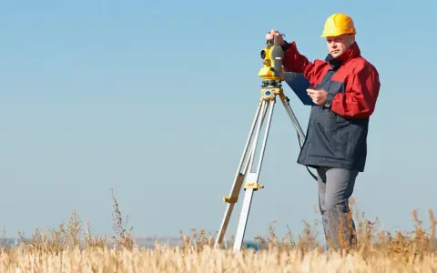 Geodeta w żółtym kasku i czerwonej kurtce pracuje z tachimetrem na polu. Zastanawiasz się, ile bierze geodeta za wytyczenie działki?