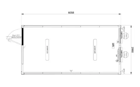 Rzut kontenera biurowego 6058x2990 mm. Wymiary drzwi 900x2000 mm, oświetlenie 2x16W LED.