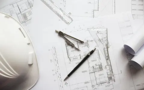 Biały kask budowlany, cyrkiel, linijka i długopis leżą na planach architektonicznych. Czy piwnica to kondygnacja?
