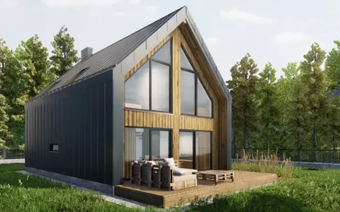 Nowoczesny domek z drewnianymi elementami i dużymi oknami. Czy na działce rolnej można postawić domek do 70m2?