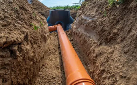 Wykonanie przyłącza wodociągowego: pomarańczowa rura biegnie przez wykop w ziemi do czarnej studzienki.