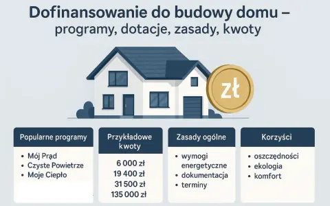 Dofinansowanie do budowy domu: programy, dotacje, zasady i kwoty. Ilustracja domu z monetą zł. Popularne programy, przykładowe kwoty, zasady i korzyści.