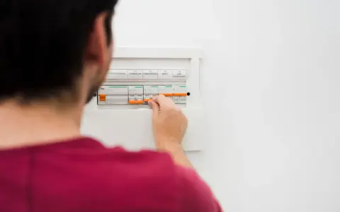 Mężczyzna manipuluje wyłącznikami w skrzynce elektrycznej, co może być związane z tym, jak obliczyć zużycie prądu.