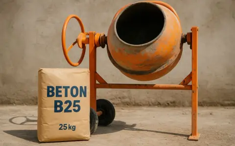 Worek z napisem "BETON B25" i betoniarka. Idealny zestaw, by dowiedzieć się, jak zrobić beton B25.