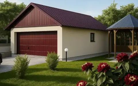 Nowoczesny garaż z częścią mieszkalną, projekt z czerwoną bramą i altaną w ogrodzie.