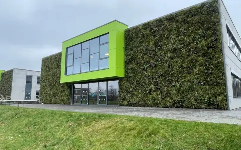 Nowoczesny budynek z zieloną elewacją domu, pokrytą gęstą roślinnością. Jasnozielony akcent architektoniczny z oknami.