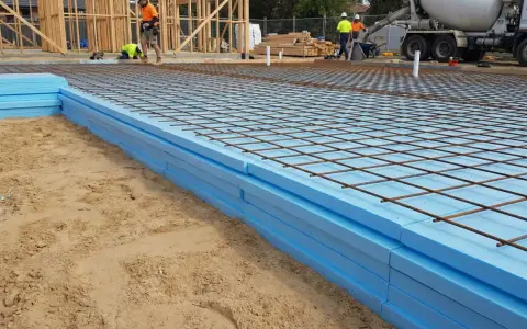 Styrodur pod płytę fundamentową ułożony na piasku, z siatką zbrojeniową gotową do zalania betonem.