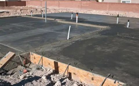 Świeżo wylany betonowy fundament z widocznymi rurami i zbrojeniem. Ziemia wokół czeka na materiał, czym obsypać fundamenty z zewnątrz.