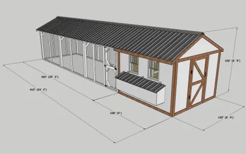 Projekt kurnika na 30 kur: przestronny wybieg z siatki i zadaszony domek z oknami i drzwiami. Wymiary: 25' x 8'4" x 8'5".