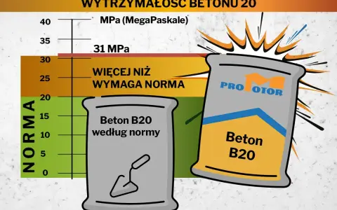 Wykres wytrzymałości betonu B20 z workami cementu i miarką normy.