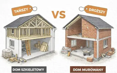 Rysunek porównuje dom szkieletowy drewniany z murowanym. Szkieletowa konstrukcja jest tańsza, murowana droższa.