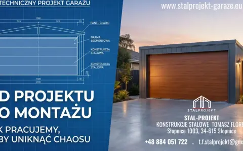 Nowoczesny garaż z poddaszem, projektowany i budowany przez Stal-Projekt. Od projektu do montażu, bez chaosu.